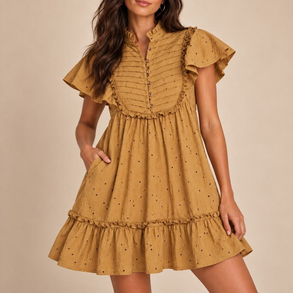 Lost + Wander Desert Flower Tan Eyelet Cotton Prairie Mini Dress Small